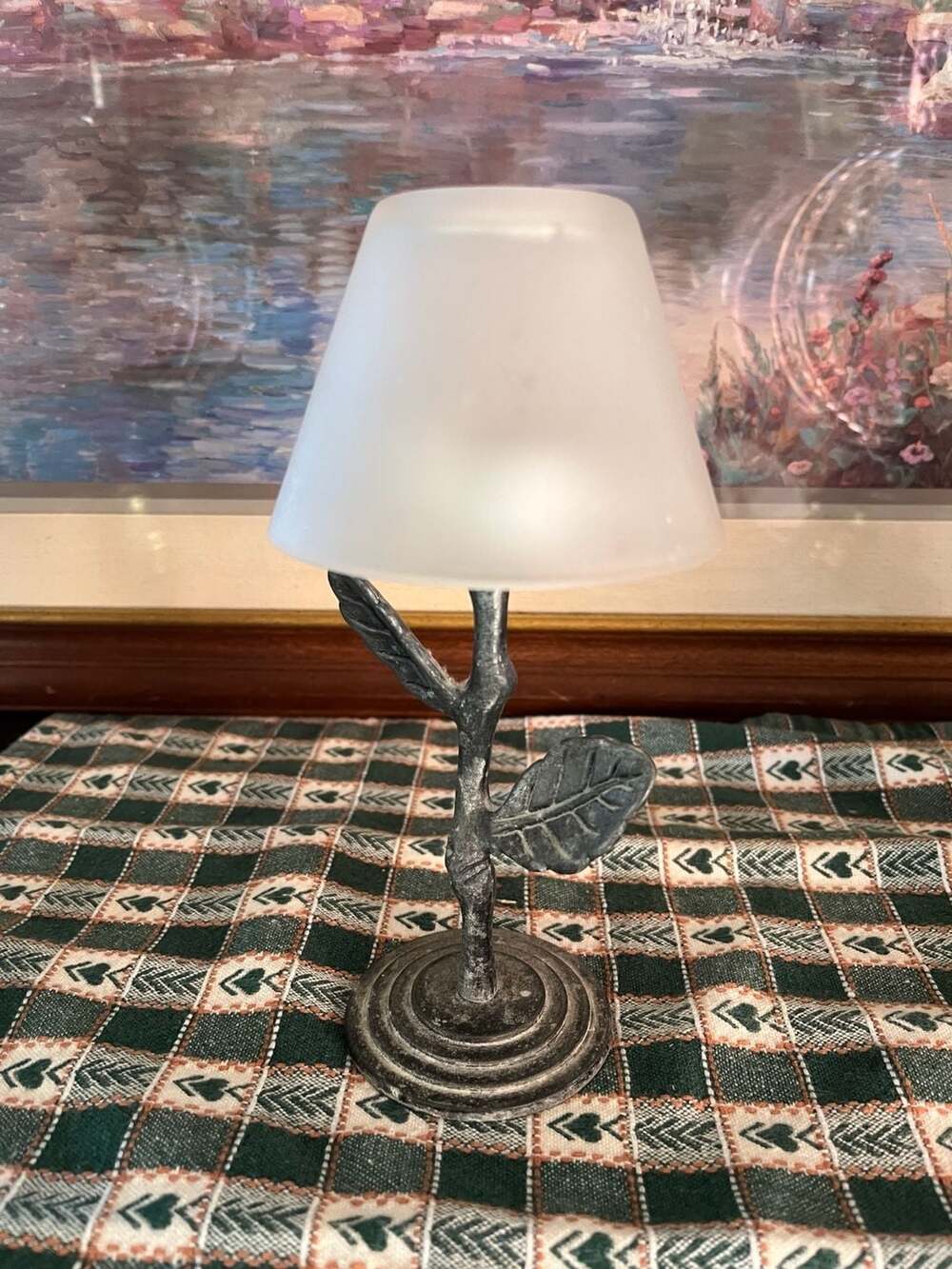 Rustic Metal Branch and Leaf Votive Candle Holder with Frosted Glass Shade